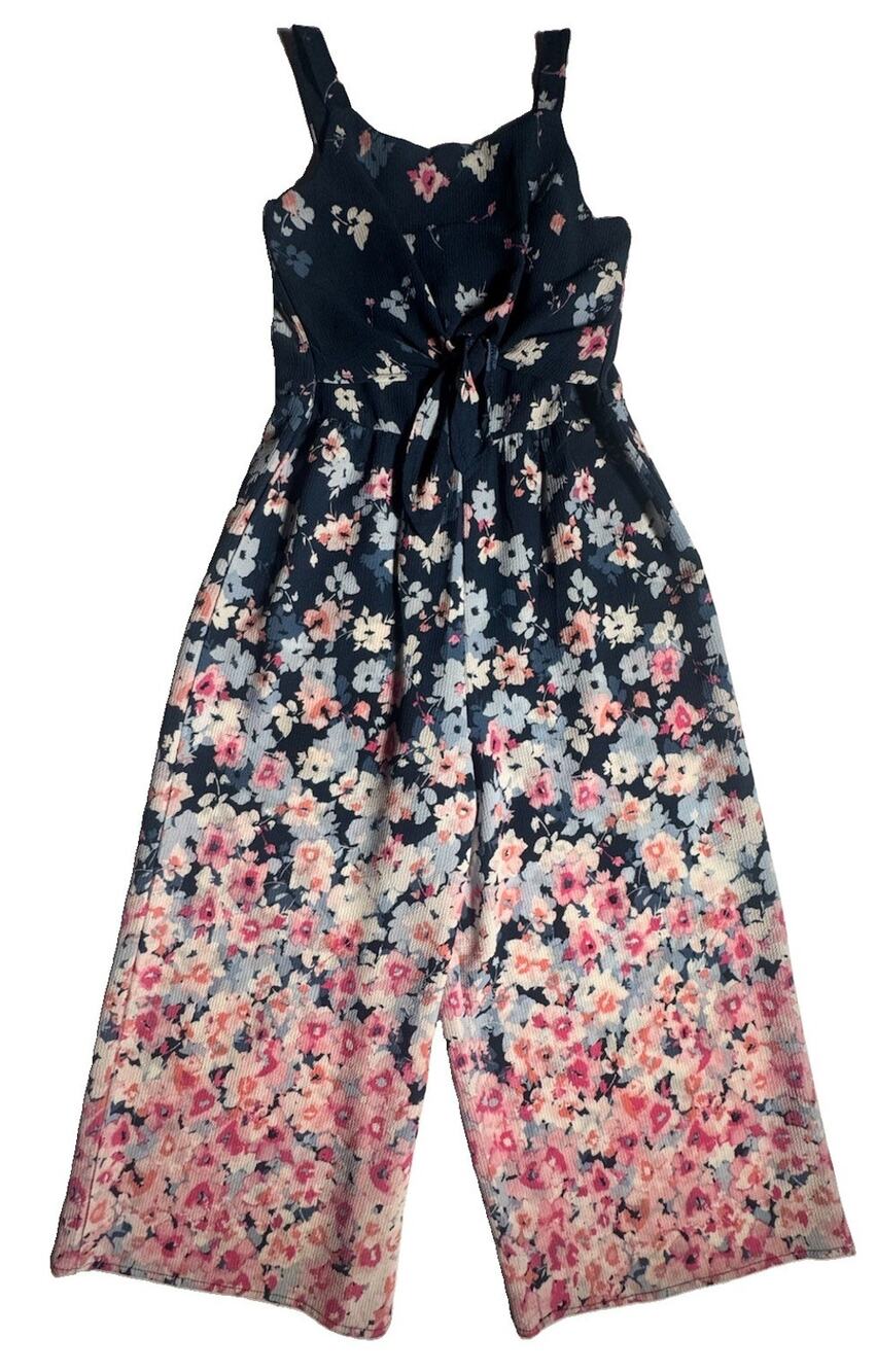 Beautees Girls Size 10 Navy Floral Sleeveless Wide Leg Jumpsuit Tie Front Romper